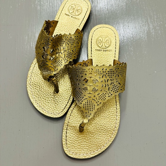 Tory Burch Metallic Gold Cut-Out Sandals - Picture 2 of 4